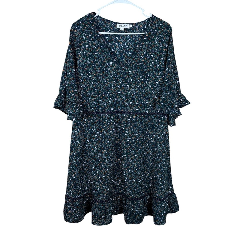 Molly Bracken Womens Navy Green Ditzy FloralCottage Core‎ 3/4 Sleeve Dress XL